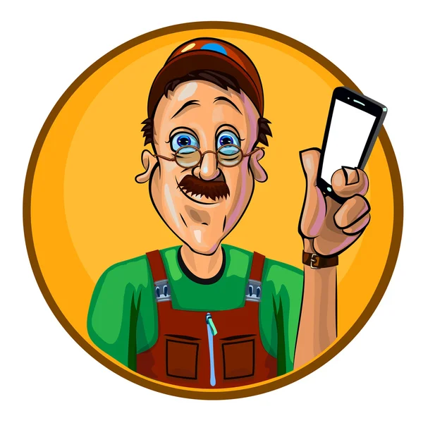 Imagen vectorial de un trabajador con un smartphone — Vector de stock