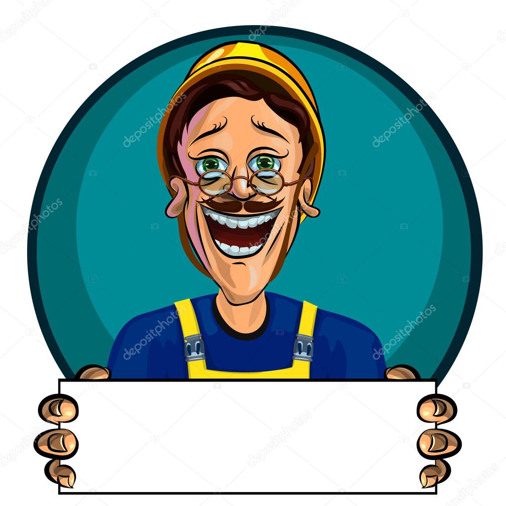 Vector image of cheerful workman holding blank poster