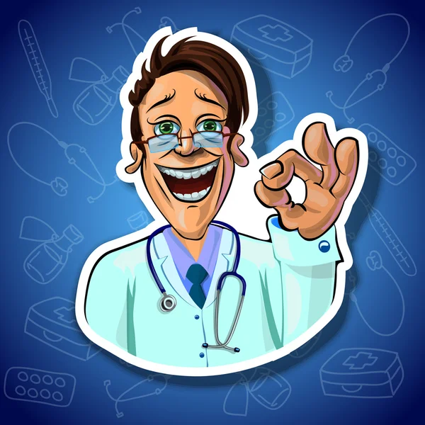 Vektor ilustrasi ceria dokter menunjukkan tanda OK - Stok Vektor