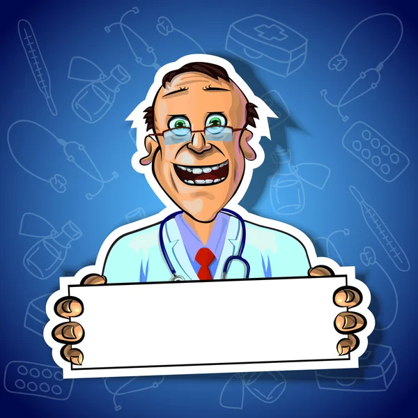 Imagen vectorial del médico sonriente con póster en blanco — Vector de stock