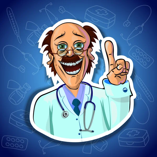 ภาพเวกเตอร์ของหมอที่มีความสุขด้วยนิ้วชี้ของเขาขึ้น — ภาพเวกเตอร์สต็อก