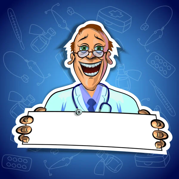 Ilustração vetorial de médico alegre com cartaz em branco — Vetor de Stock
