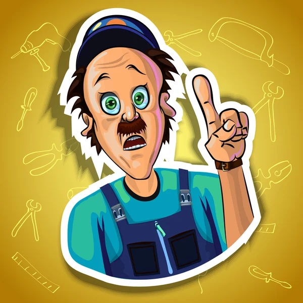 Vector image of astonished workman with his index finger up — Stock Vector