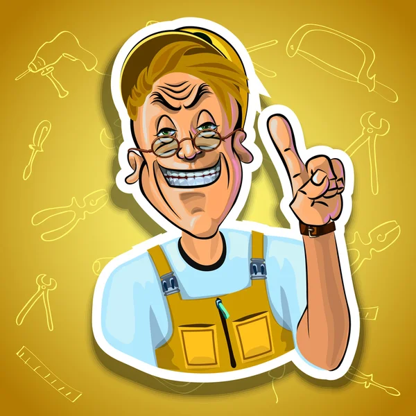 Векторное изображение улыбающегося рабочего с указательным пальцем — стоковый вектор