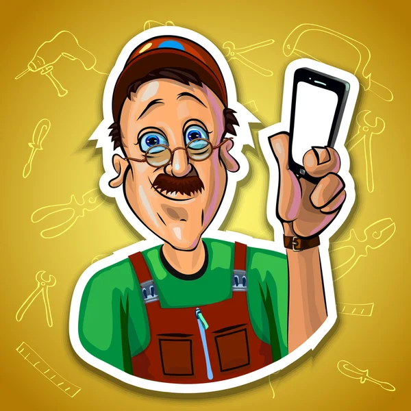 Image vectorielle d'un ouvrier souriant avec un téléphone portable — Image vectorielle