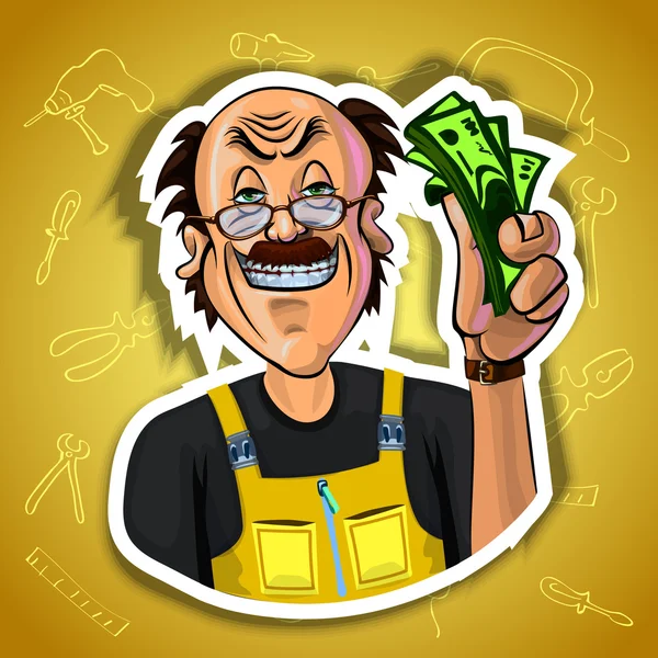 Vector image of smiling workman holding money in his hand — Stock Vector