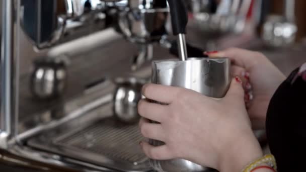 Coffee maker preparing hot milk foam — Stock Video