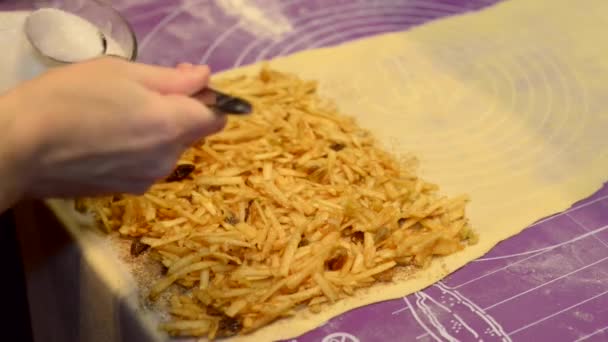 Pó strudel de maçã com açúcar de confeiteiro — Vídeo de Stock