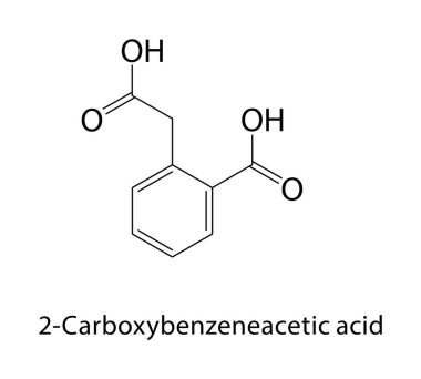2-karboksibenzeneasetik asit iskelet yapısı. Dicarboxylic asit bileşik şematik çizim. Basit diyagram, kimyasal formül..