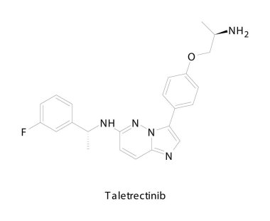 Taletrectinib moleküler yapısı, yeni nesil ROS1 ALK kinaz inhibitörü, kanser tedavisi için temiz bilimsel vektör diyagramı, beyaz üzerine izole edilmiş düz iskelet kimyasal formülü.