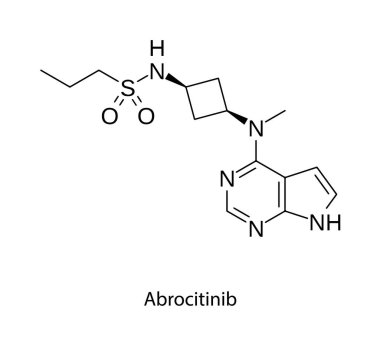 Abrocitinib moleküler yapısı, atopik dermatit ve iltihap bozuklukları için oral JAK1 seçici inhibitörü, temiz bilimsel vektör diyagramı, düz iskelet kimyasal formülü izole edilmiş.