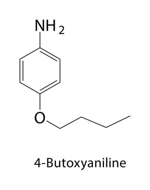 4 Butoxyaniline iskelet yapısı. Aromatik amine bileşik şematik illüstrasyon. Basit diyagram, kimyasal formül..