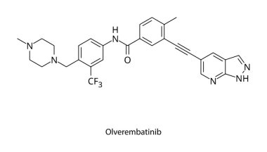 Olverembatinib moleküler yapısı, güçlü BCR-ABL tiroz kinaz inhibitörü kronik miyeloid lösemi terapisi, temiz bilimsel vektör diyagramı, düz iskelet kimyasal formülü izole edilmiş.