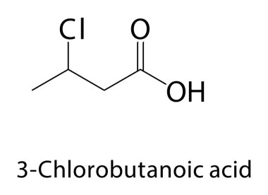 3 klorobütanoik asit iskelet yapısı. Klorlu Karboksilik Asit bileşik şematik çizim. Basit diyagram, kimyasal formül..