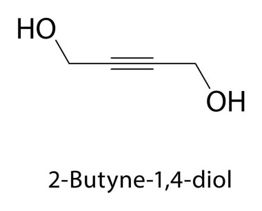 2-Butyne-1,4-diol iskelet yapısı. Alkyne diol bileşik şematik çizim. Basit diyagram, kimyasal formül..