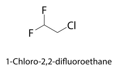 1-Chloro-2,2-difloroetan iskelet yapısı. Kloroflorlu Alkane bileşik şematik illüstrasyon. Basit diyagram, kimyasal formül..