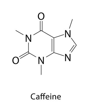 Kafein iskelet yapısı. Xanthine alkaloit bileşik şematik çizim. Basit diyagram, kimyasal formül..