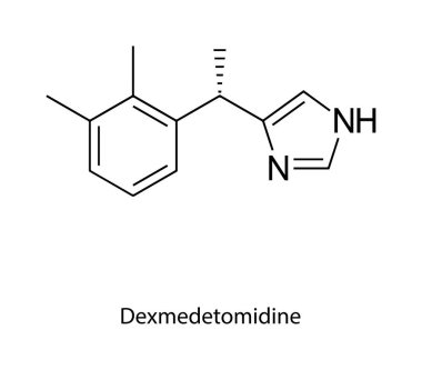 Dexmedetomidine moleküler yapısı, seçici alfa-2 adrenerjik reseptör agonist yatıştırıcı ve ağrı kesici yatıştırıcı, temiz bilimsel vektör diyagramı, düz çizgili kimyasal formül