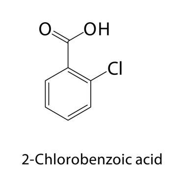 2 klorobenzoik asit iskelet yapısı. Aromatik karboksilik asit bileşik şematik çizim. Basit diyagram, kimyasal formül..