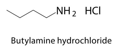 Butylamine hidroklorür iskelet yapısı. Amin tuz bileşiği şematik çizimi. Basit diyagram, kimyasal formül..