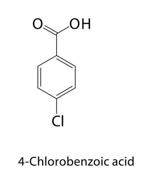 4 klorobenzoik asit iskelet yapısı. Aromatik karboksilik asit bileşik şematik çizim. Basit diyagram, kimyasal formül..