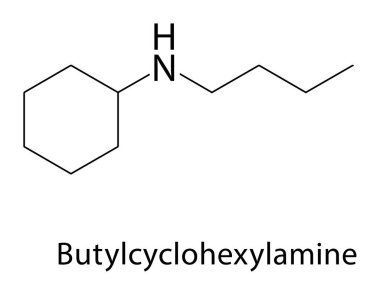 Butylcyclohexylamine iskelet yapısı. Amin bileşik şematik çizim. Basit diyagram, kimyasal formül..