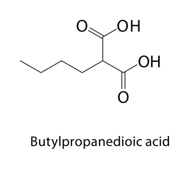 Butylpropanedioik asit iskelet yapısı. Dicarboxylic asit türevi bileşik şematik çizim. Basit diyagram, kimyasal formül..