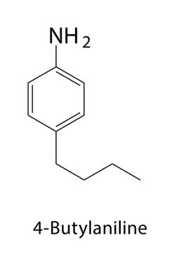 4-Butylaniline iskelet yapısı. Aromatik amine bileşik şematik illüstrasyon. Basit diyagram, kimyasal formül..