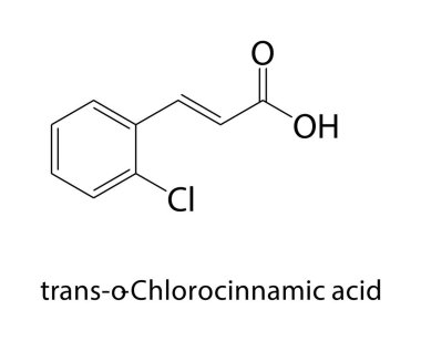 Trans-o-klorosinamik asit iskelet yapısı. Klorlu Aromatik Karboksilik Asit bileşik şematik çizim. Basit diyagram, kimyasal formül..
