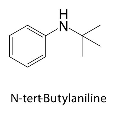 N-tert-Butylaniline iskelet yapısı. Aromatik amine bileşik şematik illüstrasyon. Basit diyagram, kimyasal formül..