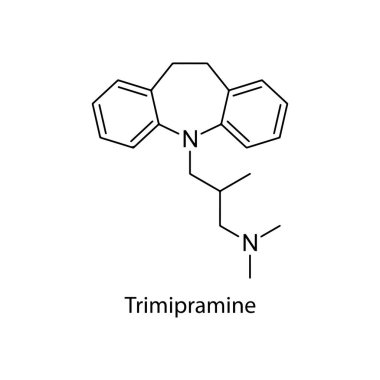 Trimipramine molekülü kimyasal yapı trisiklik antidepresan ilaç depresyon ve uykusuzluk için kullanılır, beyaz arka planda iskelet formülü.