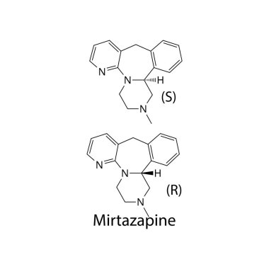 Mirtazapine molekülü kimyasal yapı tetrasikli antidepresan ilaç depresyon ve anksiyete bozuklukları için kullanılır, beyaz arka planda iskelet formülü.