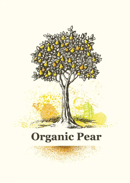 Signo de árbol de pera orgánica. Ilustración artística local fresca de la fruta de granja — Archivo Imágenes Vectoriales