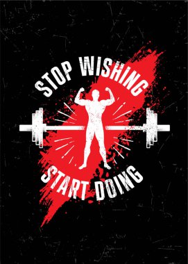 Dilemeyi bırak. Yapmaya başla. Jimnastik Antrenmanı Motivasyon Alıntısı. Zorlu Duvarda Halter Resimleri Fırça darbesiyle Şehir Arkaplanı