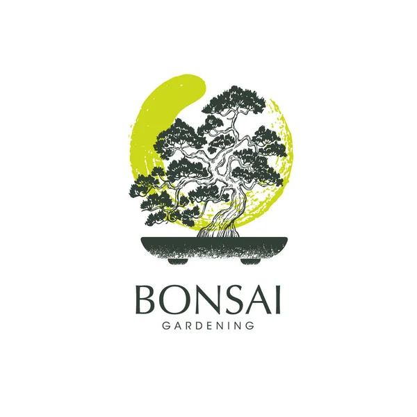Japonais Bonsai Garden Zen Tree Logo. Signe d'icône organique de silhouette végétale avec cercle zen. Illustration vectorielle créative — Image vectorielle