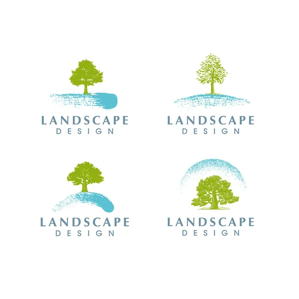 Projeto de paisagem Eco Green Creative Vector Sign. Lawn Care and Land Clearing Company Concept (em inglês). Pincel arborista Curso e ilustração de árvore. —  Vetores de Stock