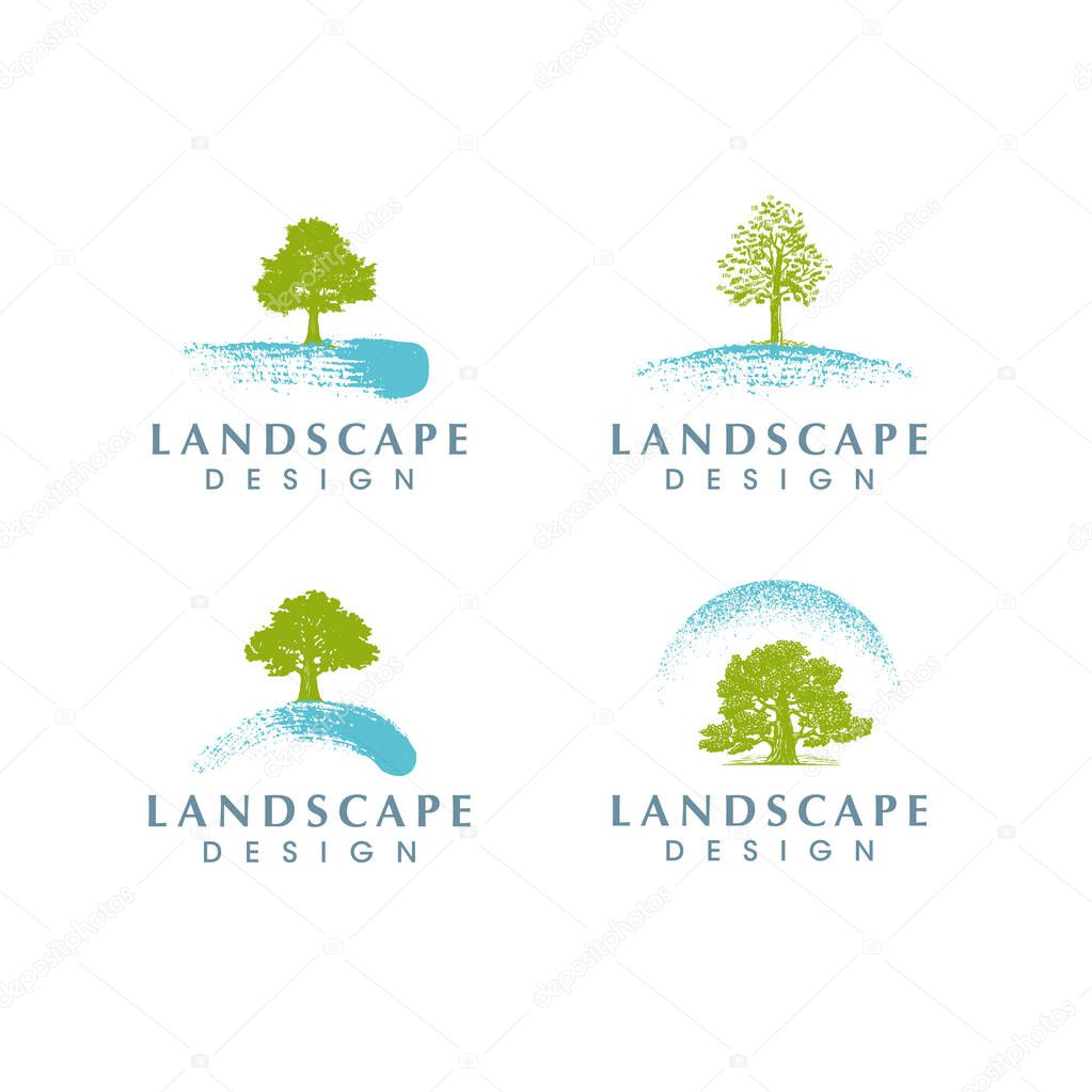Landscape Design Eco Green Creative Vector Sign. Lawn Care and Land Clearing Company Banner Concept. Arborist Brush Stroke And Tree Illustration. Vector illustration