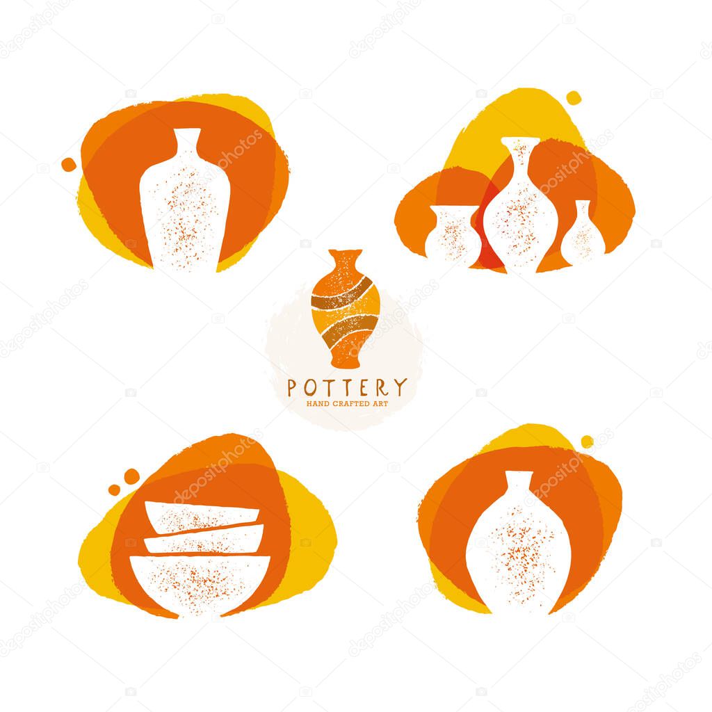 Handmade Clay Pottery Art Workshop. Rough Artisanal Vector Sign Concept. Ceramic Bowl, Jar, Plate, Vase Set. Vector illustration