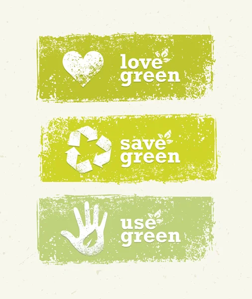 Αγάπη, να αποθηκεύσετε, να χρησιμοποιήσετε πράσινο πανό — Διανυσματικό Αρχείο