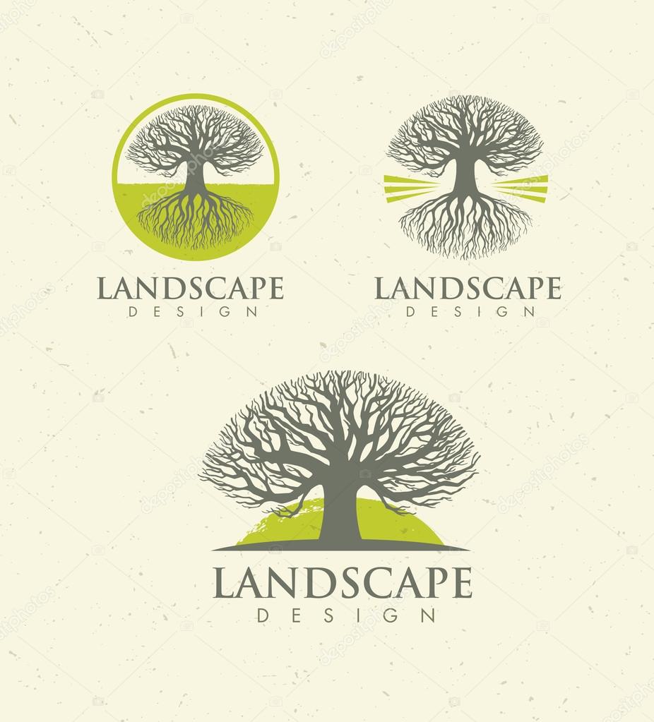 Landscape Design Creative Vector Concept. Trees With Roots Inside Circle Organic Sign Set On Craft Paper Background.