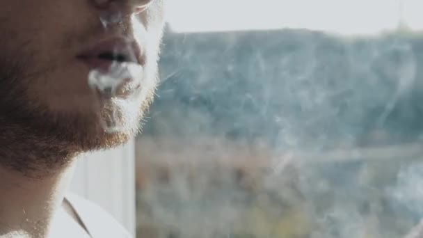 Man Beard Smokes Cigarette Window Guy Inhales Tobacco Smoke Man — Stock Video