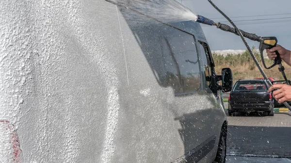 Car Wash Car Wash Worker Washes Truck Man Foams Car — Stock Photo, Image