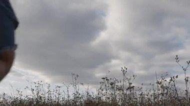 Mutlu adam. Adam uzun çimlerin üzerinde zıplayarak mutluluğu gösteriyor. Güzel doğa, manzara ve bir adam.