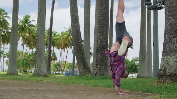 Bir Adam Akrobatik Hareketler Sergiliyor Ağır Çekim Genç Adam Çimenlerde — Stok video