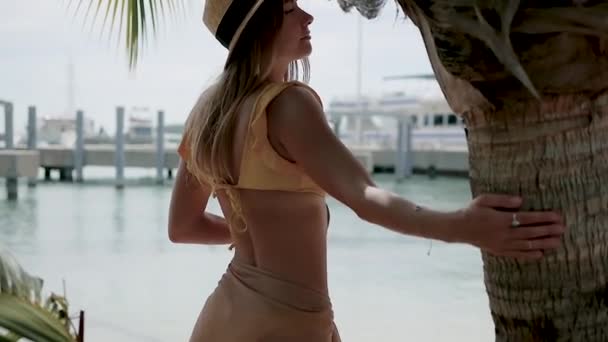 Dziewczyna Kostiumie Kąpielowym Pozująca Blisko Palmy Piękna Młoda Dziewczyna Plaży — Wideo stockowe