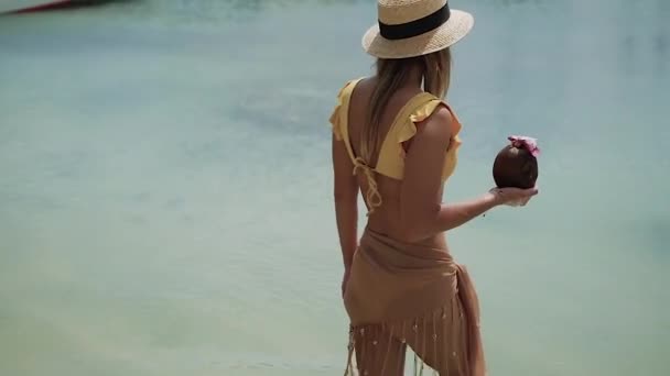 Una Chica Traje Baño Amarillo Camina Hacia Mar Una Modelo — Vídeos de Stock