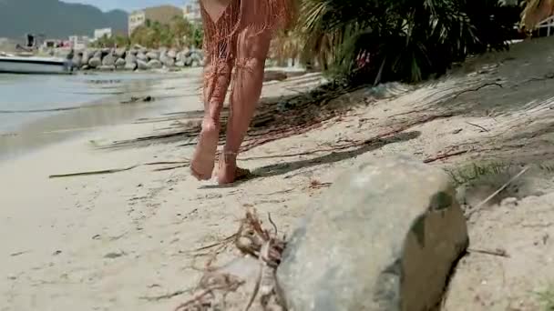 女性の足は砂の上を歩く海のそばの女の子は熱帯の国の女の子 — ストック動画