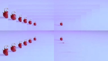 Çilek arka planından soyut bir arkaplan, video duvar kağıdı, meyvelerden canlandırma, renkli bir arka planda olgun çilekler