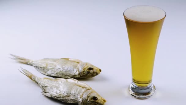 Cerveza Vaso Con Pescado Para Cerveza Sobre Fondo Blanco Cerveza — Vídeos de Stock