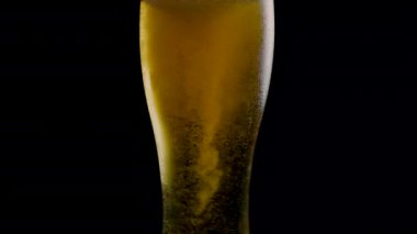 Siyah arka planda bira bardağında hafif bira, yakın planda bira taslağı.